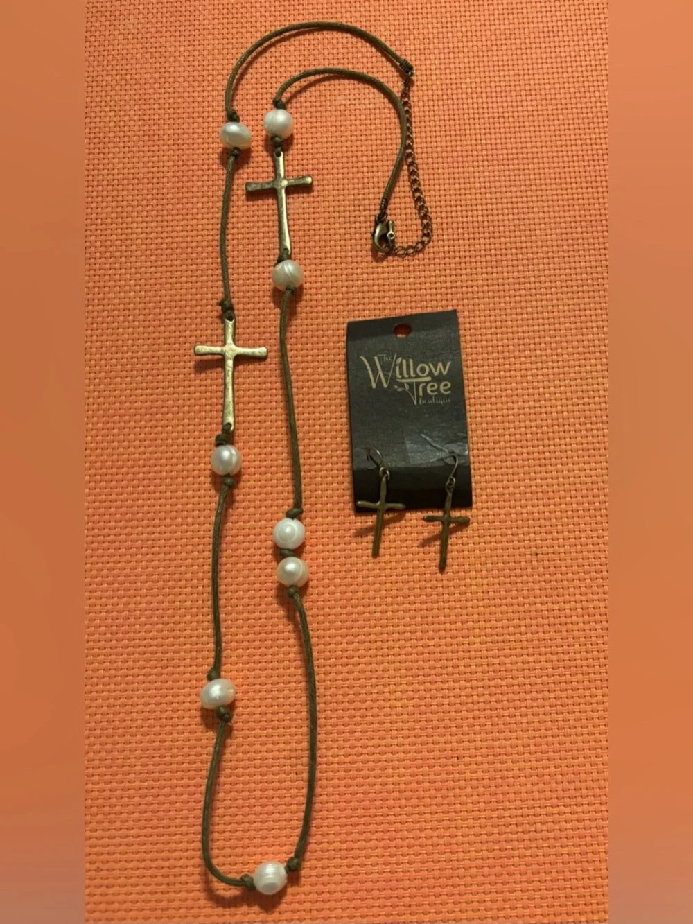 Willow Tree Gold-Tone Cross Necklace and Earring Set with White Beads - Picture 1 of 1